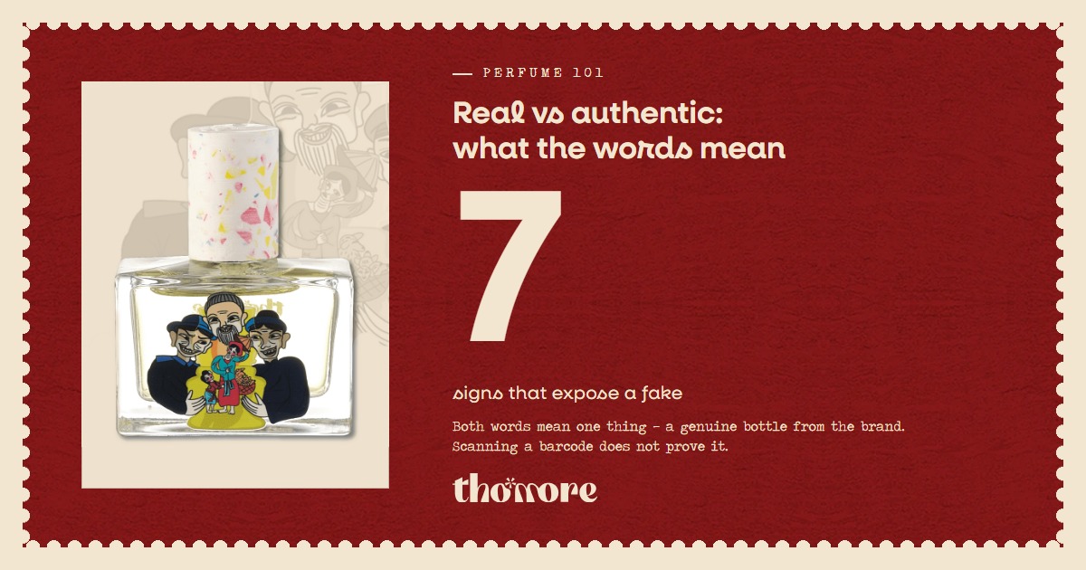 Thomore perfume bottle on a stamp-framed card beside the seven signs that expose a fake