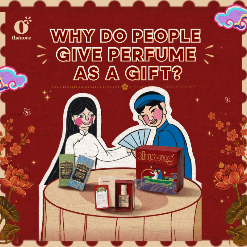 A couple exchanging a Thơmore perfume gift