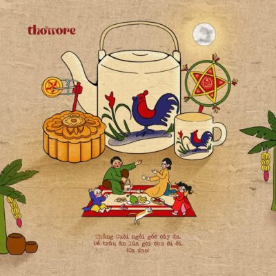Minh hoạ Trung thu của Thơmore: cả nhà quây quần trên chiếu hoa dưới trăng rằm, bên ấm trà gà trống, bánh nướng và đèn ông sao