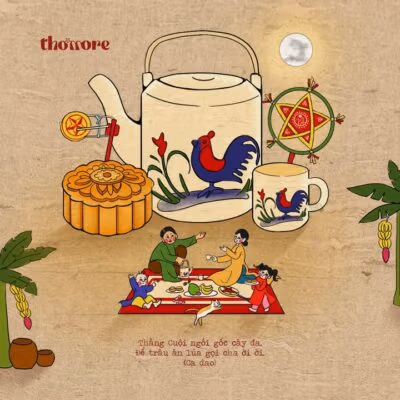 Minh hoạ Trung thu của Thơmore: cả nhà quây quần trên chiếu hoa dưới trăng rằm, bên ấm trà gà trống, bánh nướng và đèn ông sao