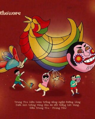 Minh hoạ Trung thu của Thơmore: đèn lồng con gà khổng lồ, mặt nạ giấy bồi và đám trẻ con rước đèn con cua, kèm hai câu trong Đêm Trung thu của Phùng Tửu