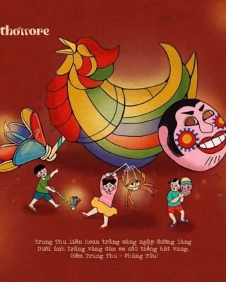 Minh hoạ Trung thu của Thơmore: đèn lồng con gà khổng lồ, mặt nạ giấy bồi và đám trẻ con rước đèn con cua, kèm hai câu trong Đêm Trung thu của Phùng Tửu