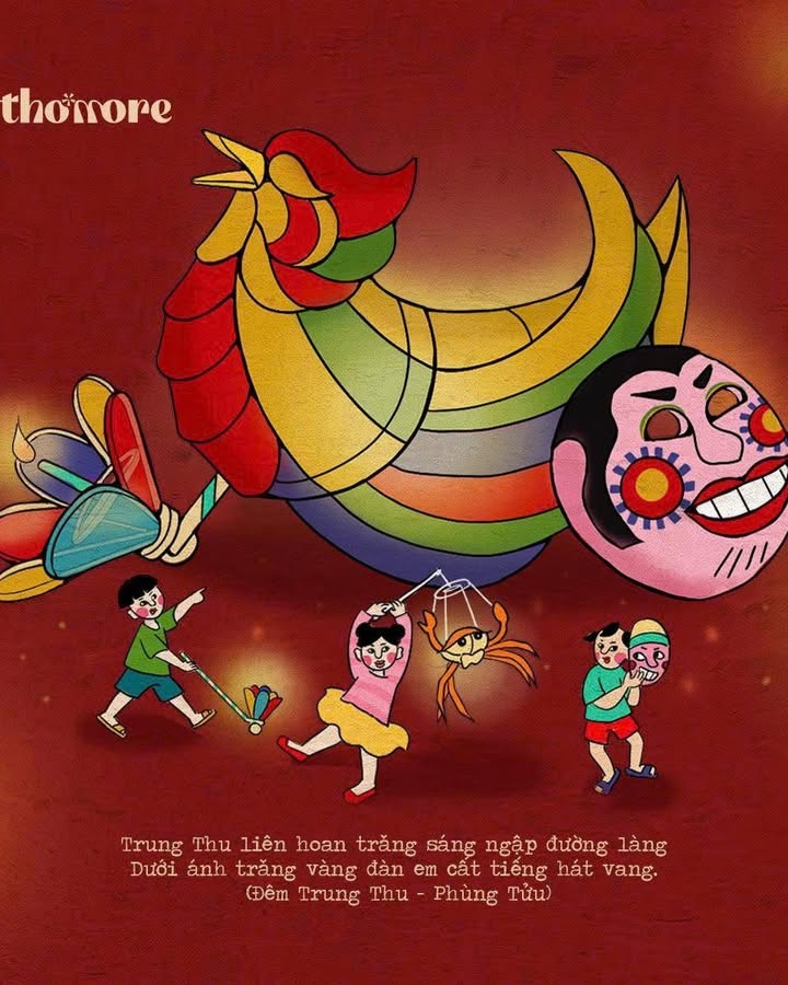 Minh hoạ Trung thu của Thơmore: đèn lồng con gà khổng lồ, mặt nạ giấy bồi và đám trẻ con rước đèn con cua, kèm hai câu trong Đêm Trung thu của Phùng Tửu