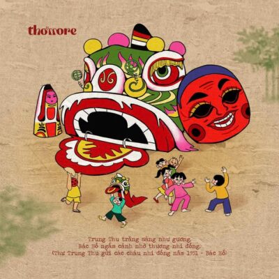 Minh hoạ Trung thu của Thơmore: đầu lân, mặt nạ ông Địa và đám trẻ con nhảy múa theo đoàn lân, kèm câu thơ trong Thư Trung thu năm 1951 của Bác Hồ