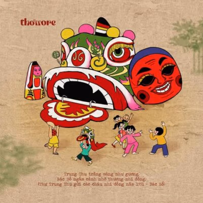 Minh hoạ Trung thu của Thơmore: đầu lân, mặt nạ ông Địa và đám trẻ con nhảy múa theo đoàn lân, kèm câu thơ trong Thư Trung thu năm 1951 của Bác Hồ